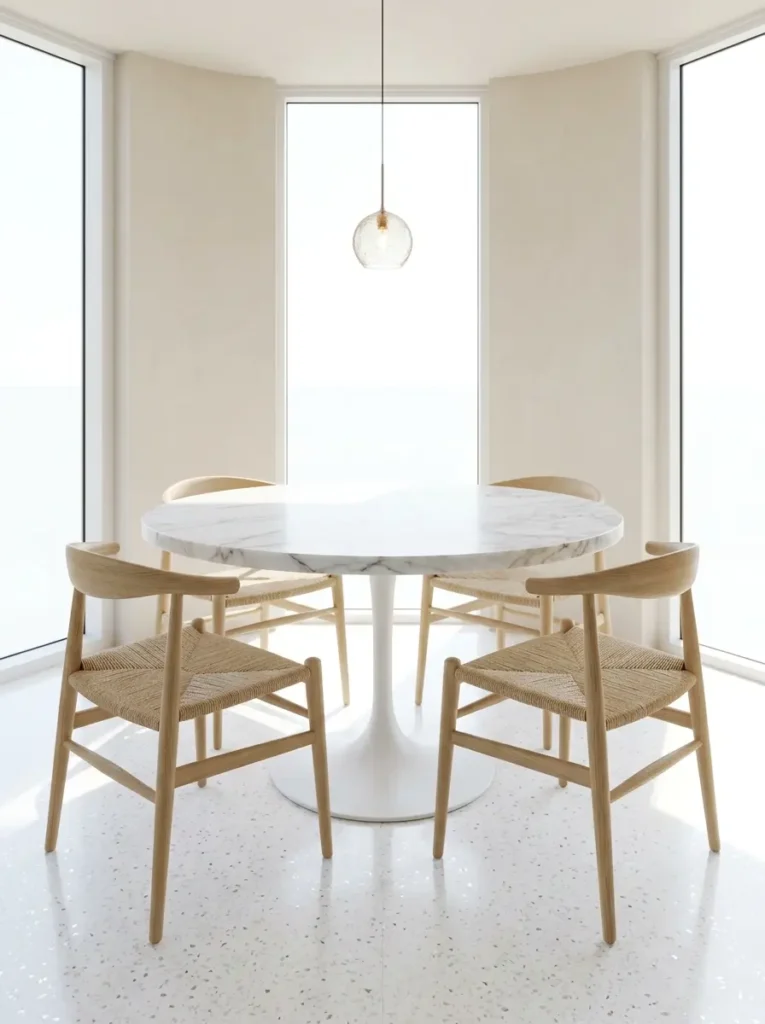 Round Marble Pedestal Table Round white marble dining table with a single center base surrounded by four wooden chairs