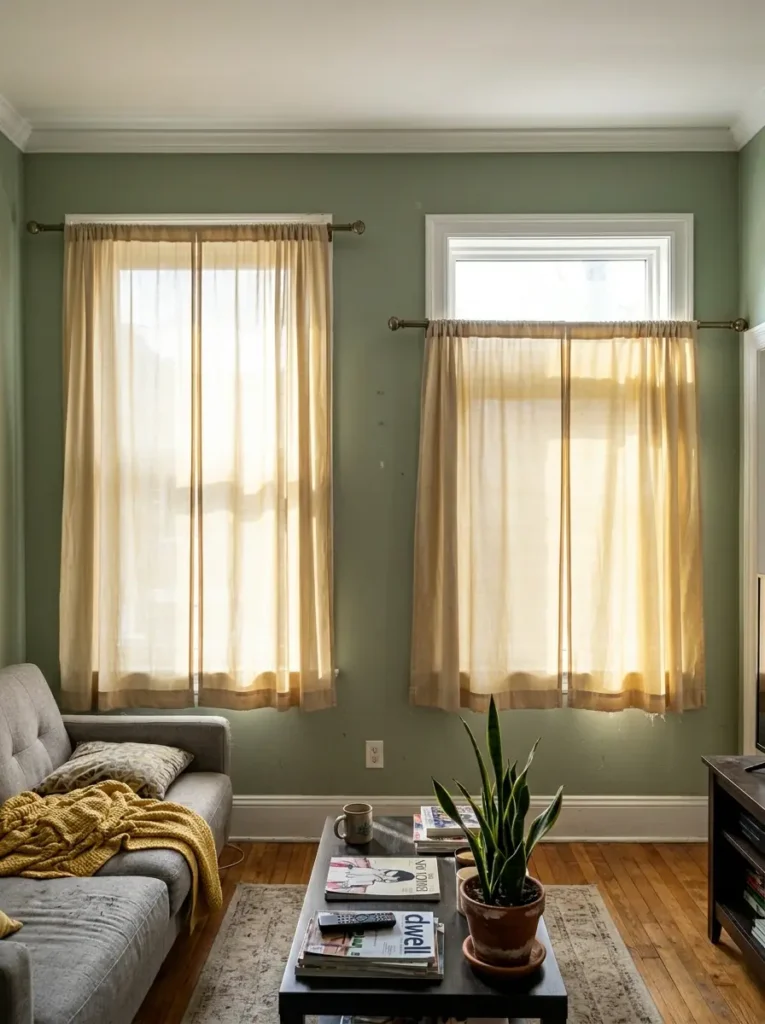  Flimsy yellow curtains hanging awkwardly halfway down a green living room wall above a grey sofa