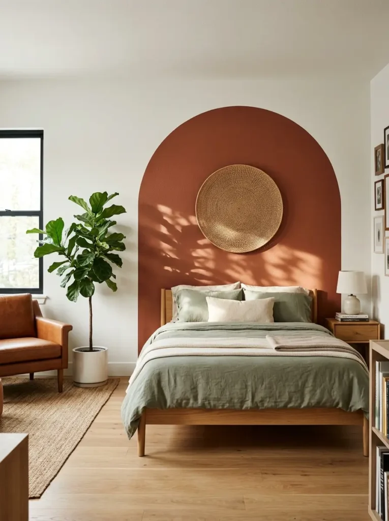 A painted terracotta arch highlights a wooden bed frame holding green linens