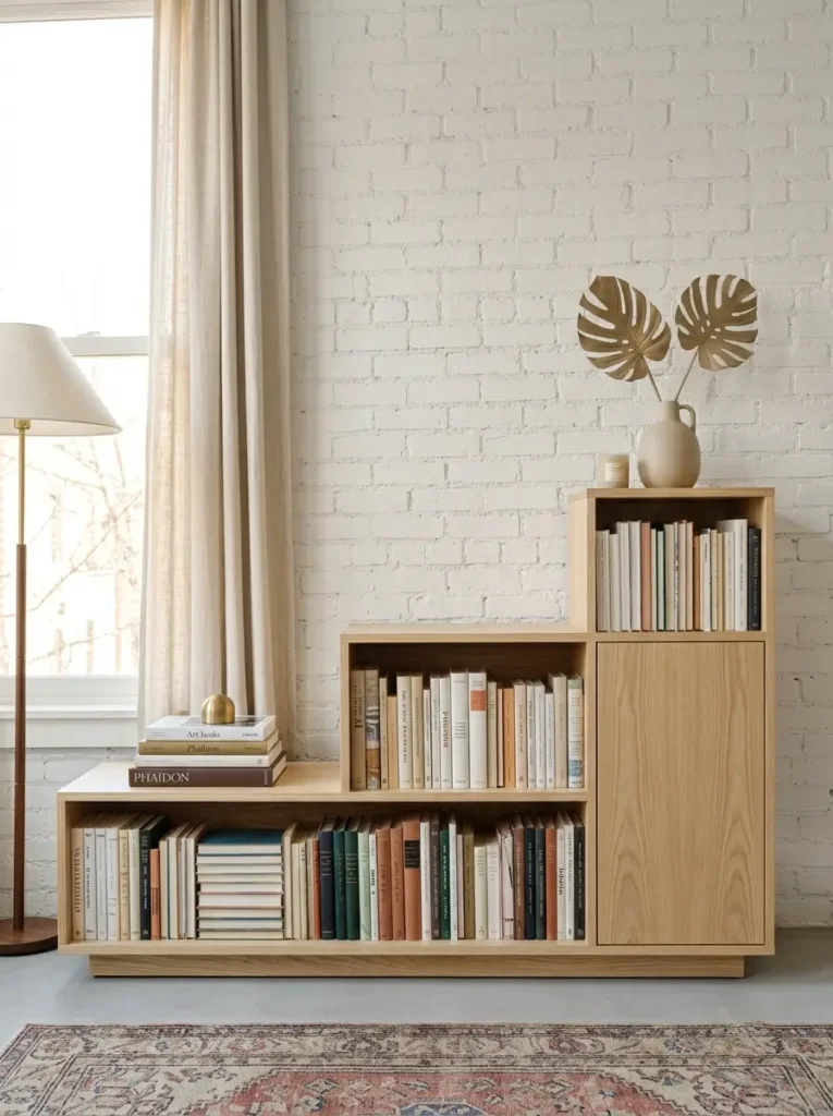 Stepped Bookshelf Storage Unit Light ash wood stepped bookshelf holding various stacked books against a white brick wall