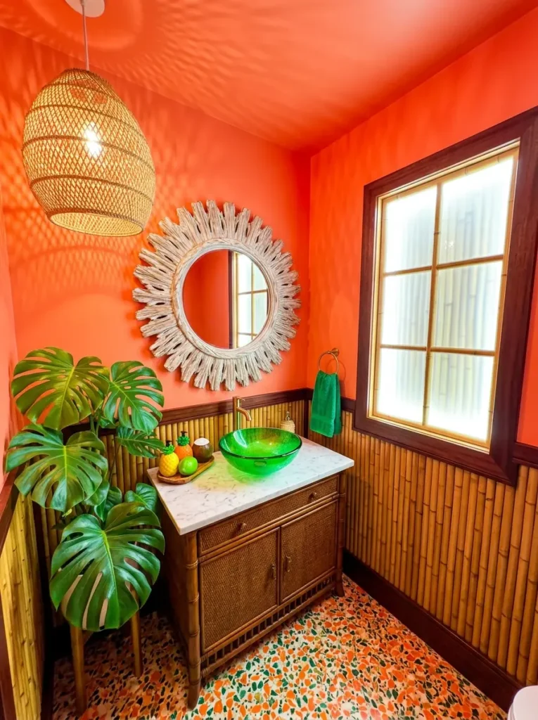 Vibrant Coral Tropical Bathroom Coral orange bathroom with bamboo panels and green glass sink