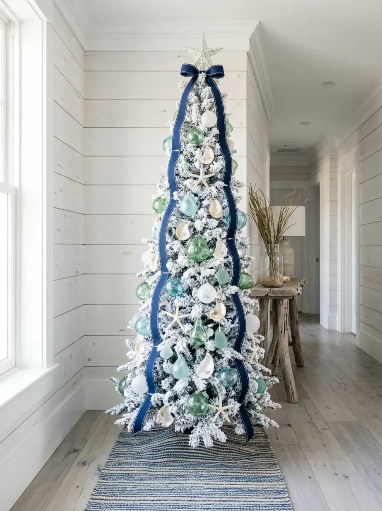 Tall white flocked Christmas tree decorated with navy ribbon aqua glass teardrops and sea shells
