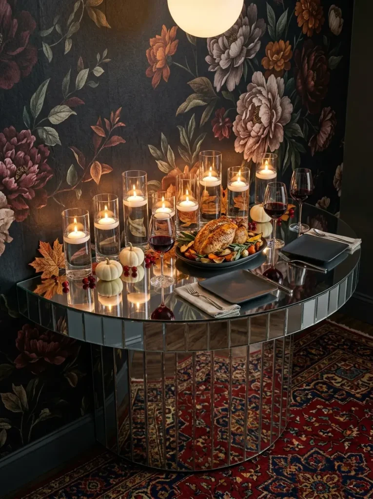 Semi circular mirrored table pushed against a dark floral wall holding a roasted bird and candles