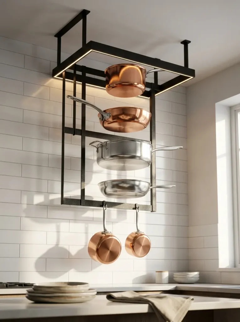 Square black metal frame hangs from the ceiling holding copper and silver pots on hooks.
