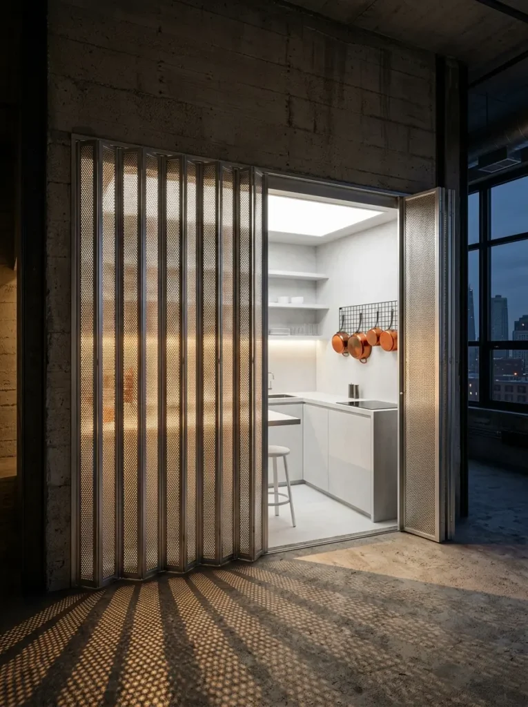 Industrial perforated metal bifold doors partially open to reveal a bright, minimalist white corner kitchen.