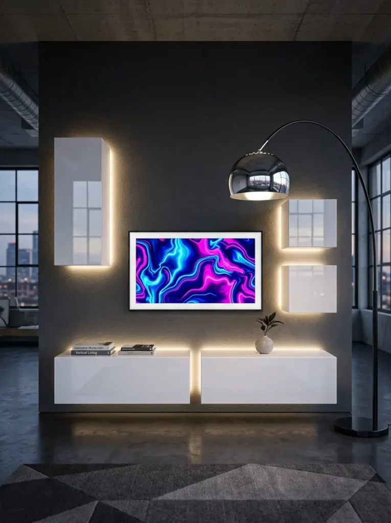 Backlit glossy modern cabinets frame a bright screen in a futuristic small living room tv wall.