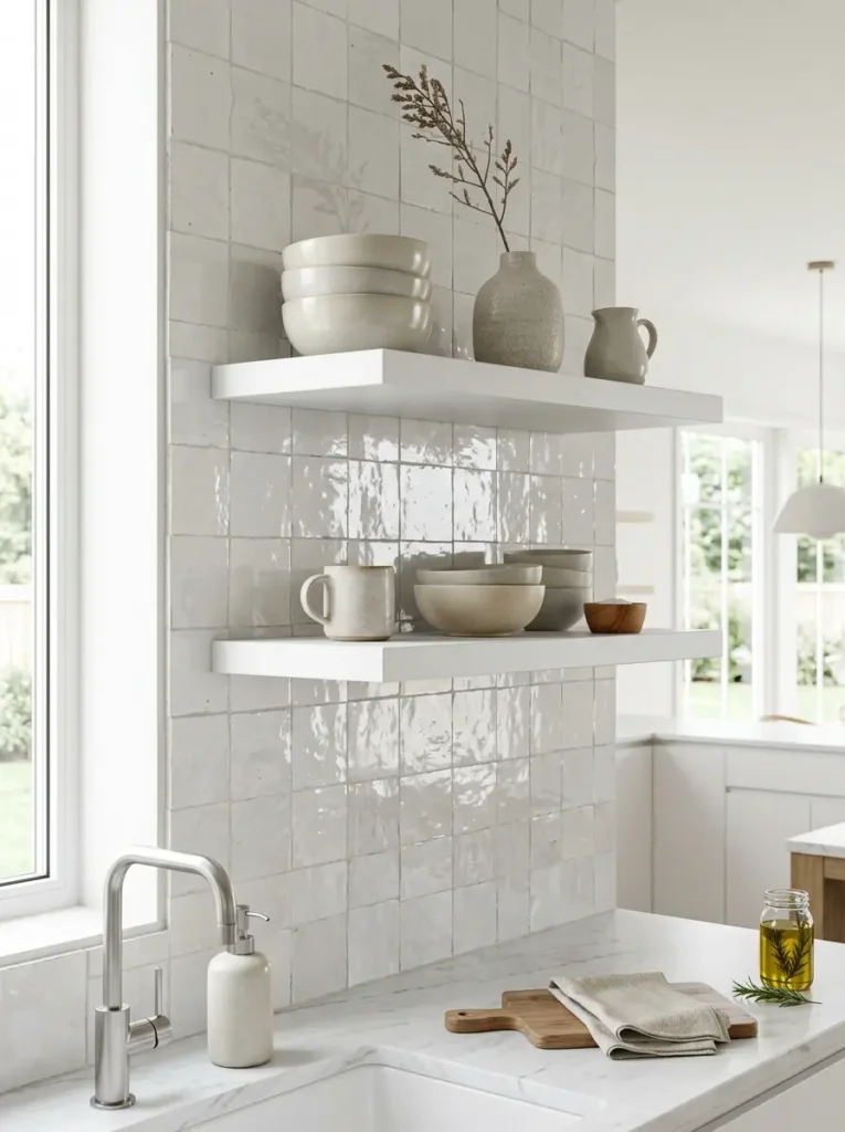 Two crisp white floating shelves displaying neutral ceramic bowls against a glossy square tile backsplash near a kitchen sink.