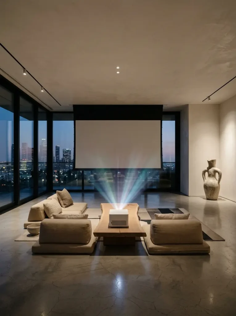 Minimalist living room with a white projector on a wooden slab table and a motorized drop-down projector screen.