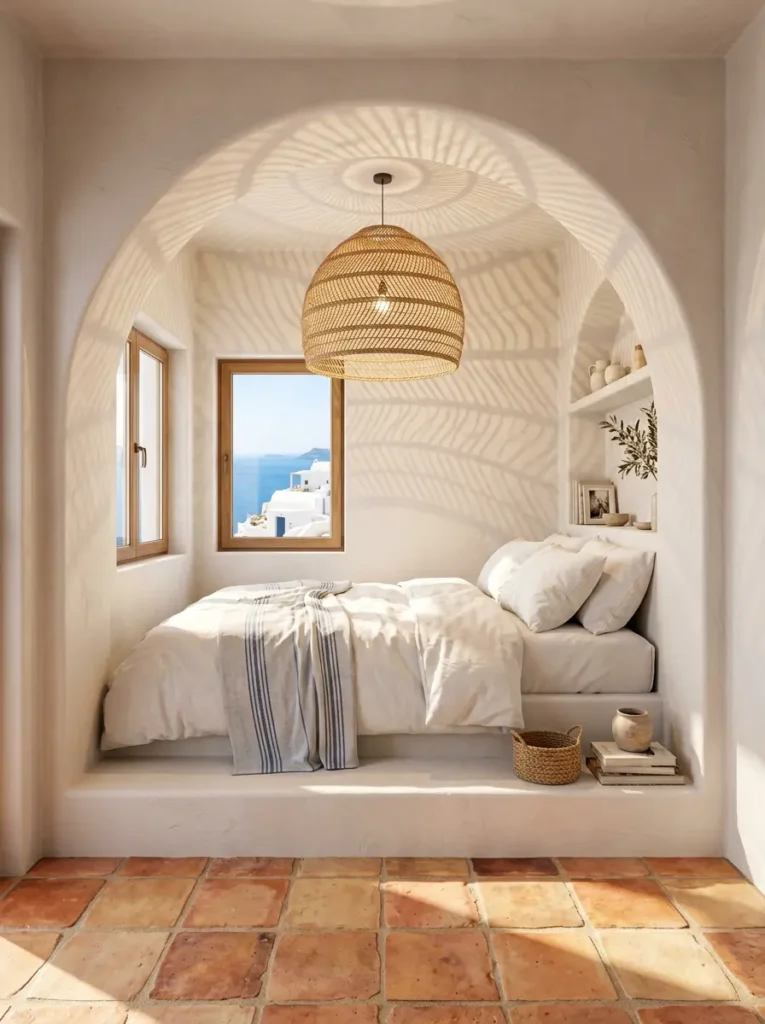 Mediterranean white plaster archway framing a cozy bed with terracotta floor tiles and a woven basket light fixture