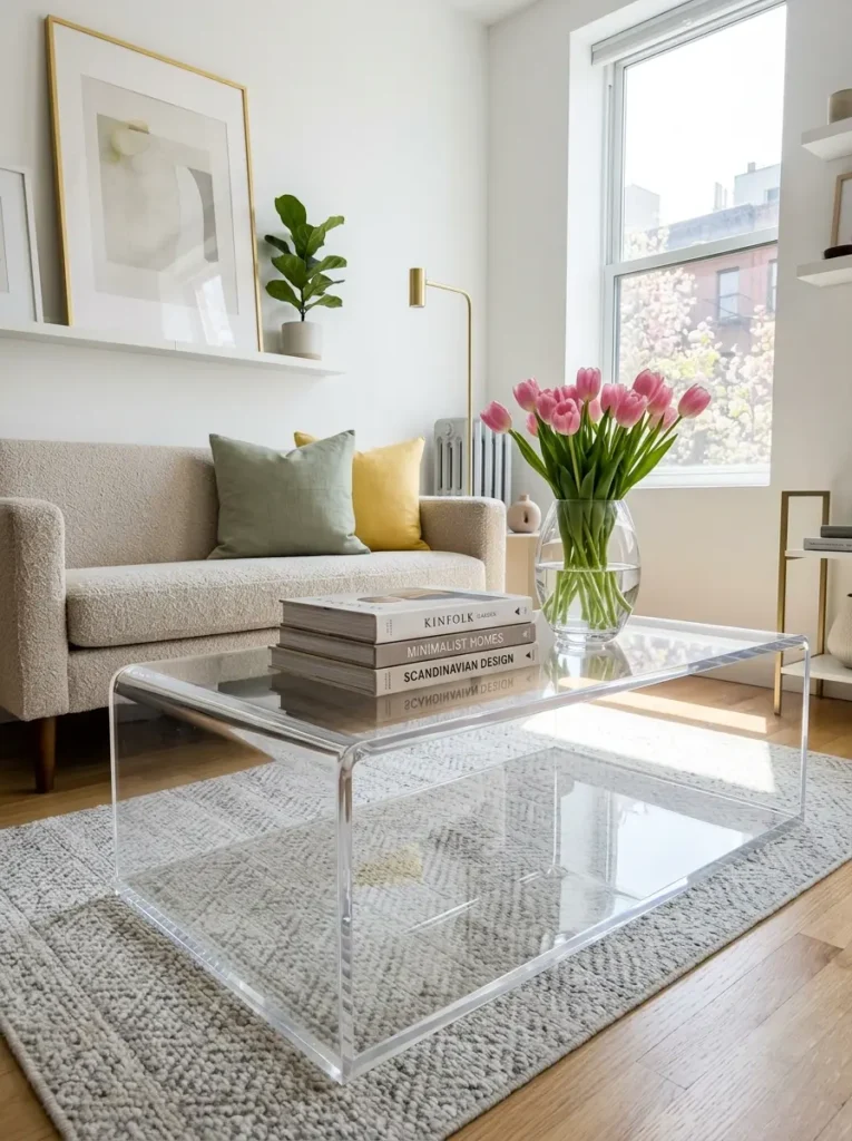 Fresh flowers sit on a transparent acrylic table over a patterned rug.