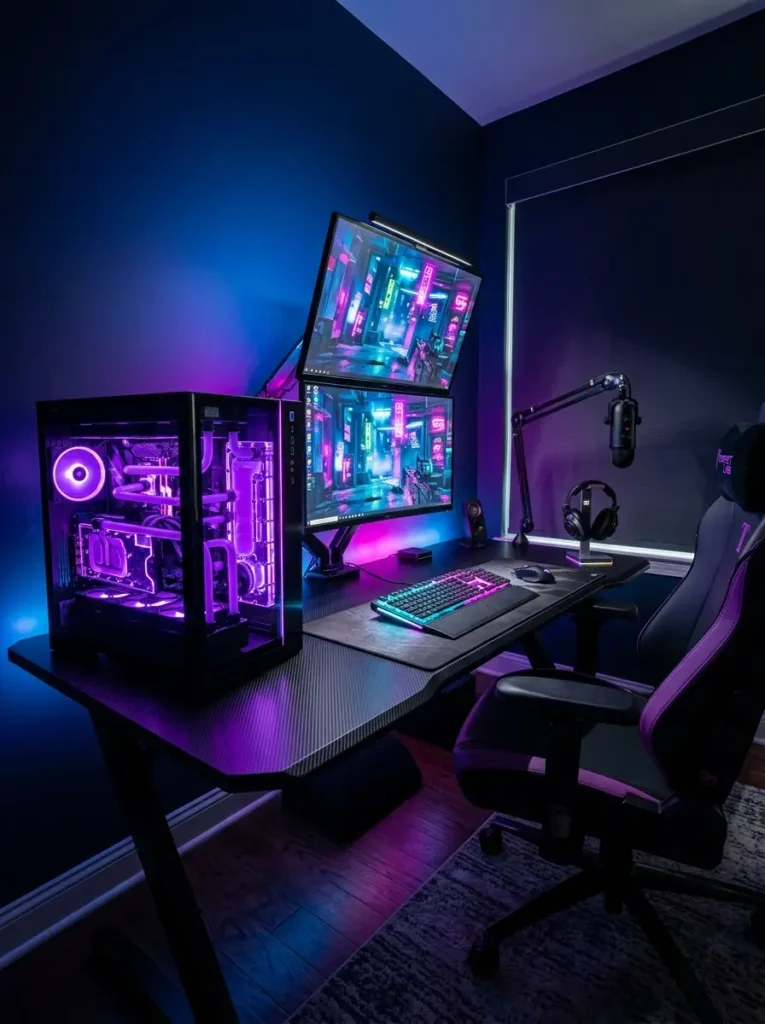 Dual stacked monitors with purple and blue neon computer lighting.