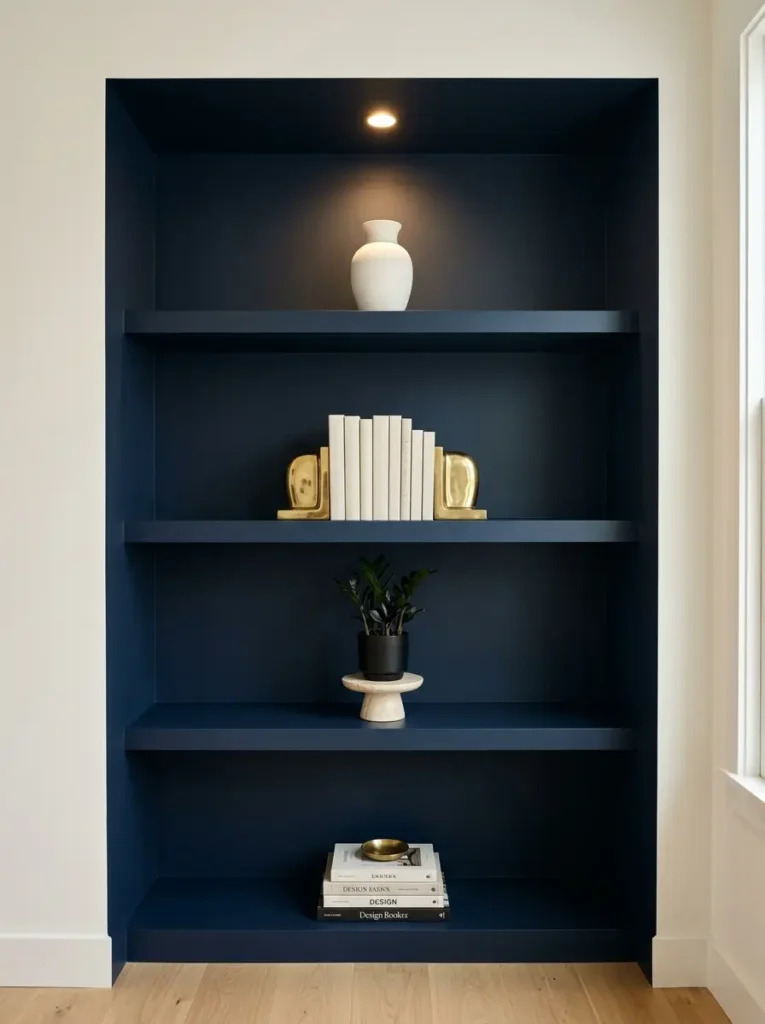 Recessed wall shelves painted deep blue holding white books and a small plant under a spotlight.