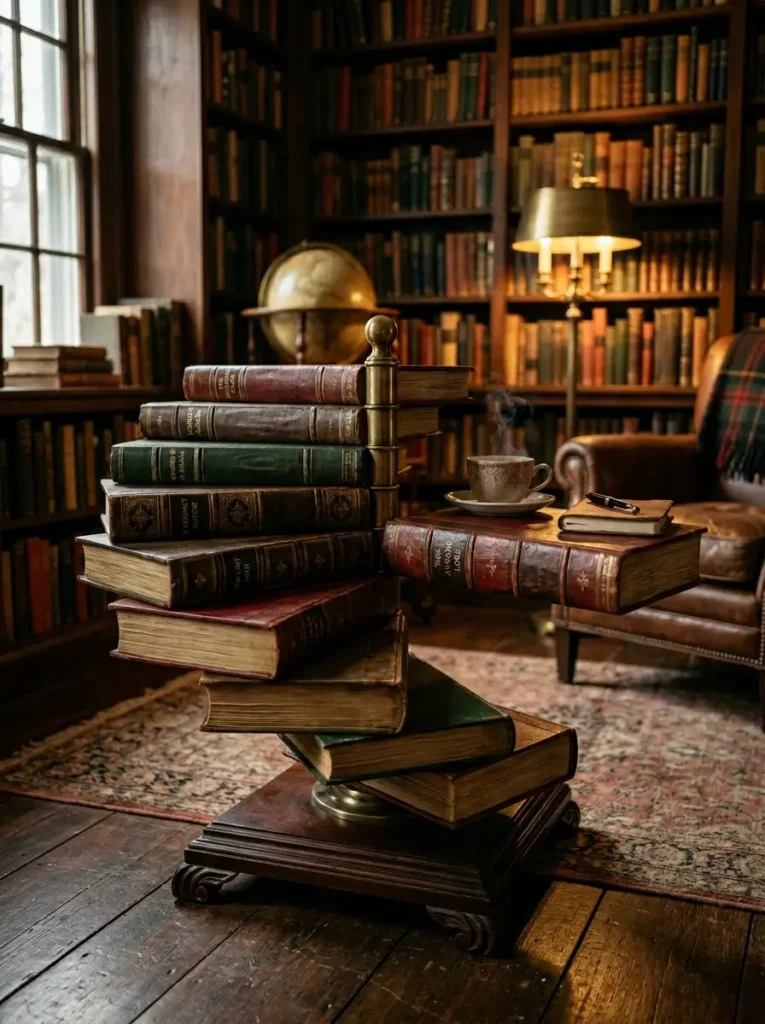 Rotating Vintage Book Stack Table Staggered side table resembling a tall stack of rotating vintage leather books.