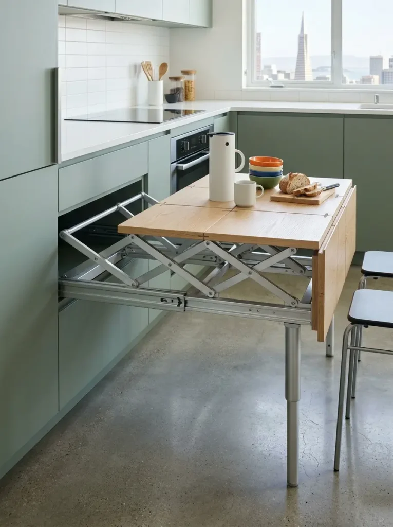 Extending Kitchen Drawer Scissor Dining Board Silver metal scissor mechanism extending a space saving dining table from a green kitchen drawer.