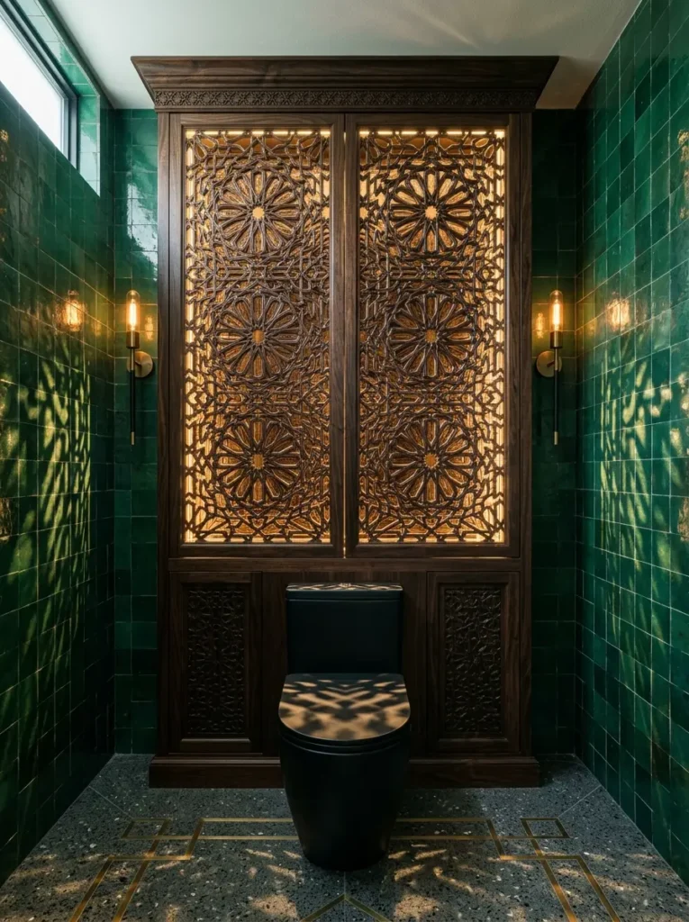 Carved dark wood screen with geometric star patterns glowing above a black toilet