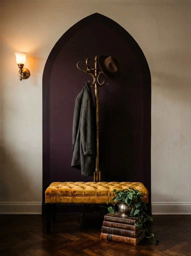 Dark plum painted arch frames a vintage brass coat tree and a bright yellow tufted velvet bench.
