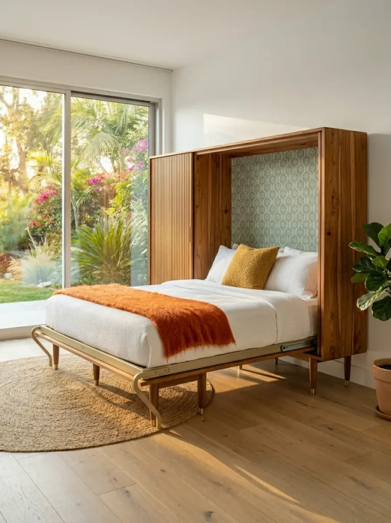 Mid Century Slatted Wood Console Mid century slatted wood console opened to reveal a hidden affordable murphy bed with bright orange bedding.