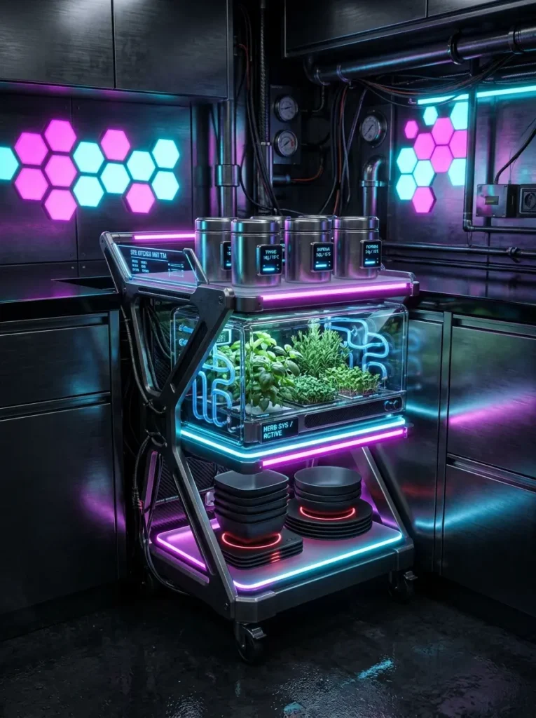 Futuristic hydroponic herb garden cart with pink and blue neon lights