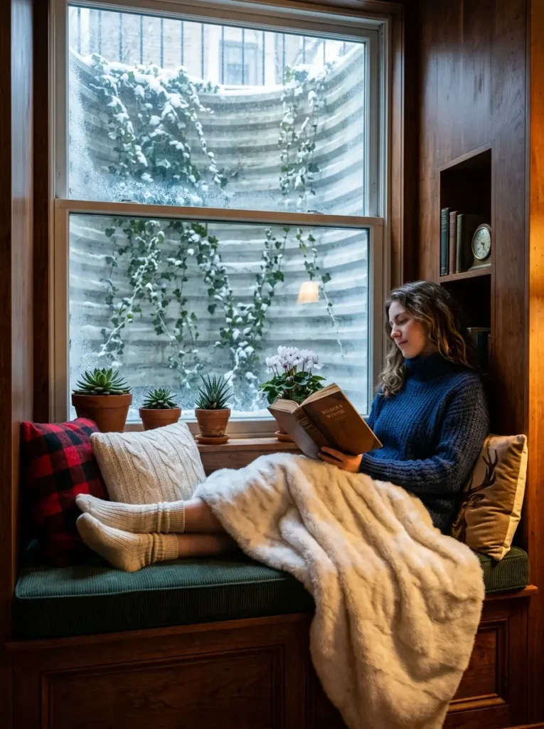 Snowy Window Seat Woman reading a book on a window seat with green cushions and a snowy view.