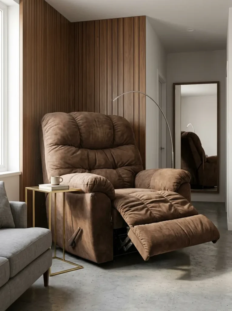 Massive brown suede recliner chair sitting awkwardly next to a small grey sofa in a tight apartment corner