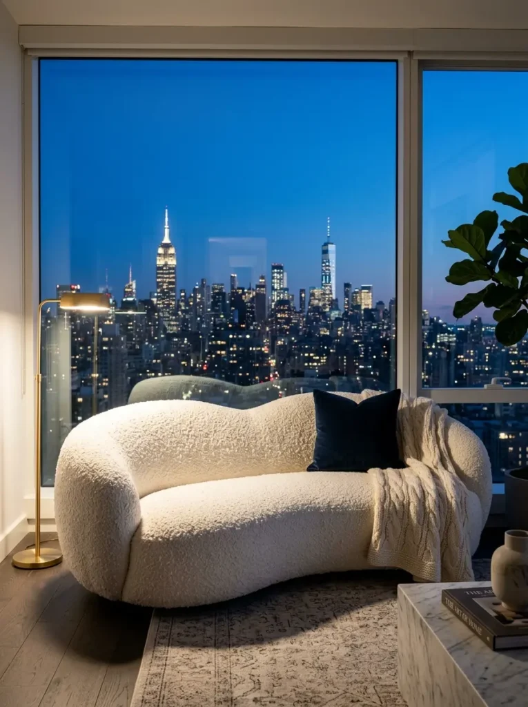 A curved white fuzzy couch sits against large windows showing a glowing city skyline.