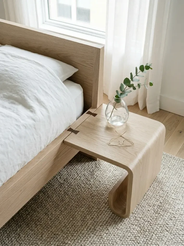 Integrated Bed Nightstand Shelf Light oak bed frame with a cantilevered wooden nightstand shelf extending from the side
