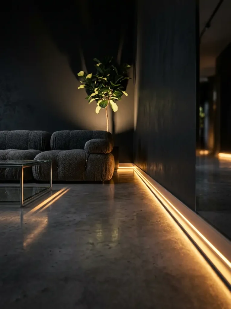 Continuous amber LED baseboard lighting for dark apartments along a concrete floor.