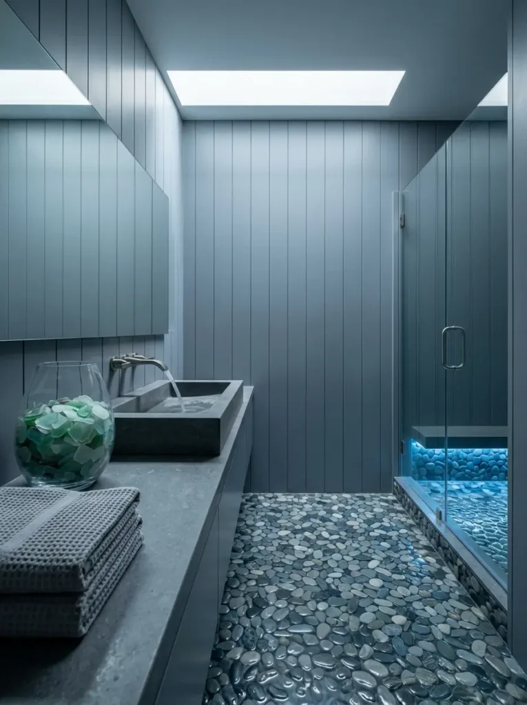 Slate Blue Coastal Bathroom Slate blue vertical wall panels with pebble stone shower floor
