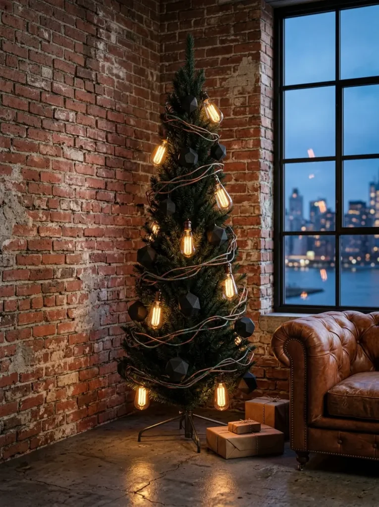 Sparse Christmas tree with glowing Edison bulbs and geometric black ornaments against a red brick wall