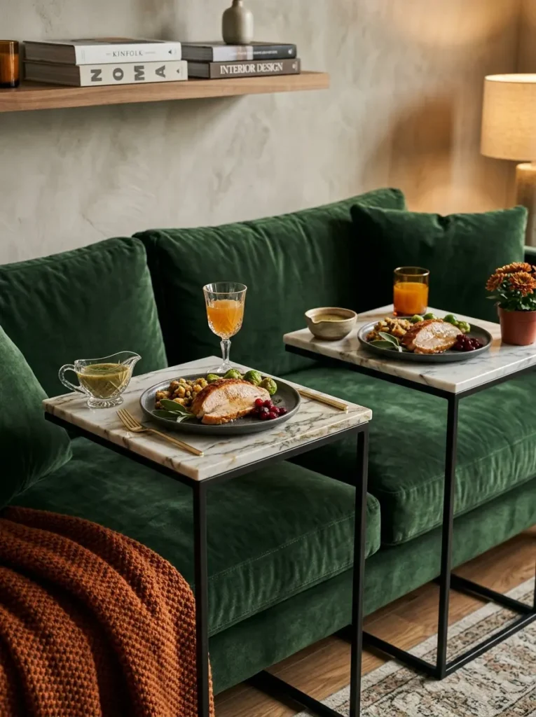 Two square marble side tables positioned over a green velvet sofa holding plated holiday meals