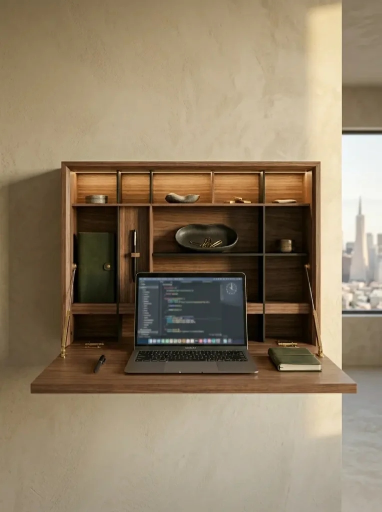 Wooden wall box opens to create a flat writing surface displaying an open laptop.