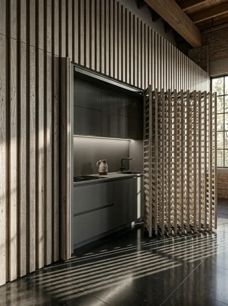 Accordion-style folding wood slat panels pulling back to expose a dark grey kitchenette with seamless cabinets.