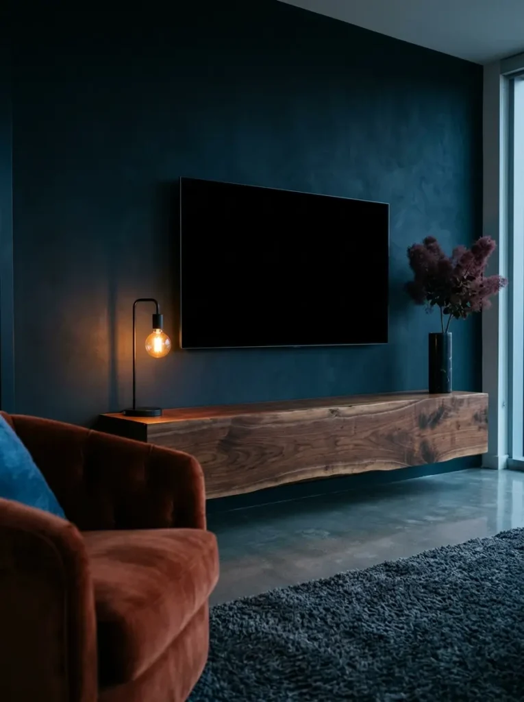 Live edge wood floating console mounted below a black screen on a dark teal small living room tv wall.