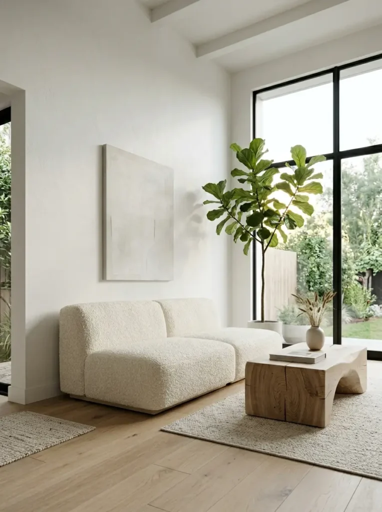 Soft white armless sofa sitting very low to the wooden floor next to a raw wood coffee table facing large glass doors.