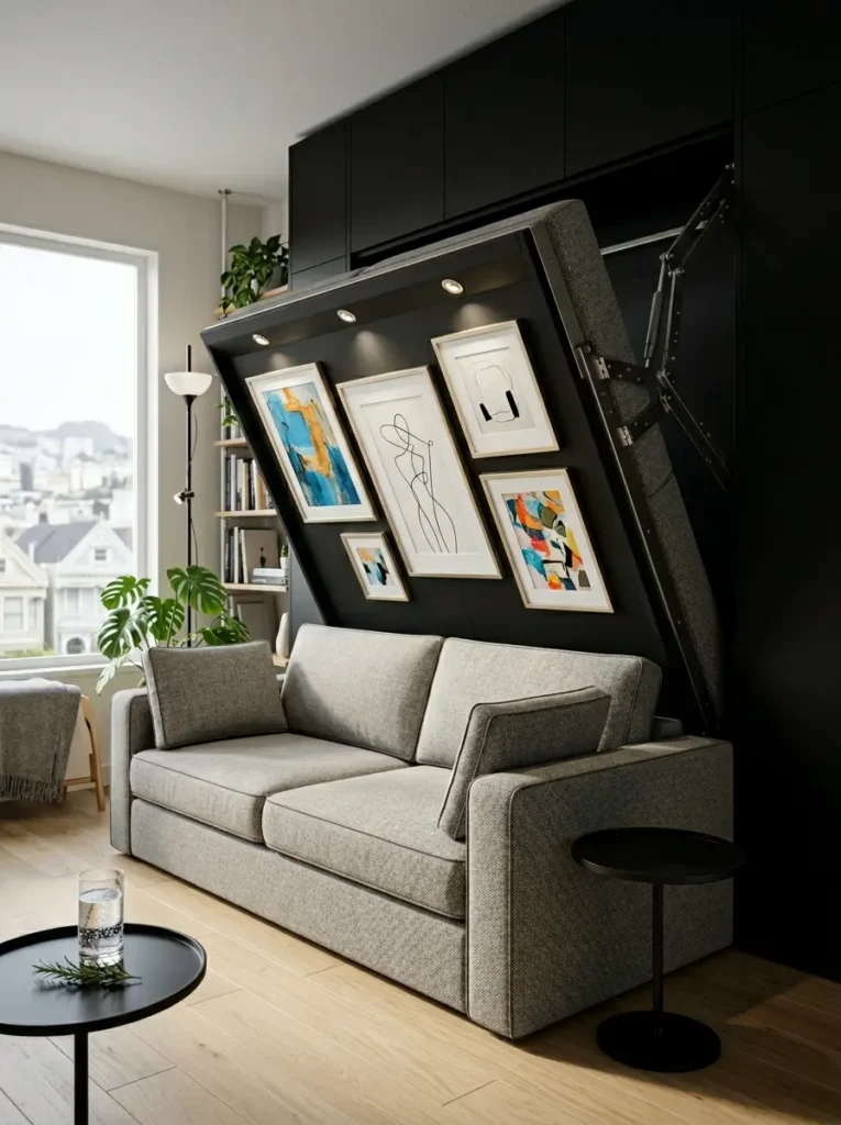 Black Murphy style folding wall panel displaying framed artwork descending over a grey sofa.