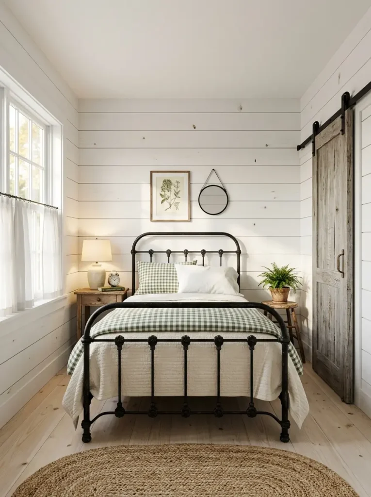 Modern farmhouse room featuring a black iron bed against white wooden wall planks and a sliding barn door