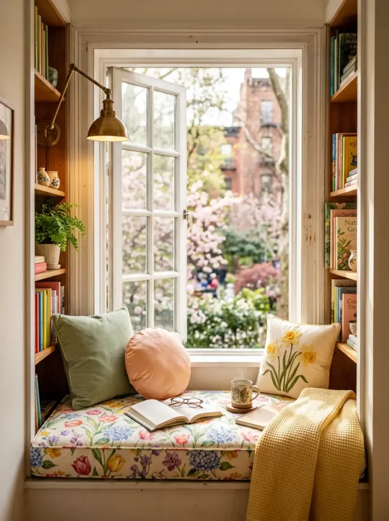 Floral cushions cover a window seat surrounded by wooden bookshelves.