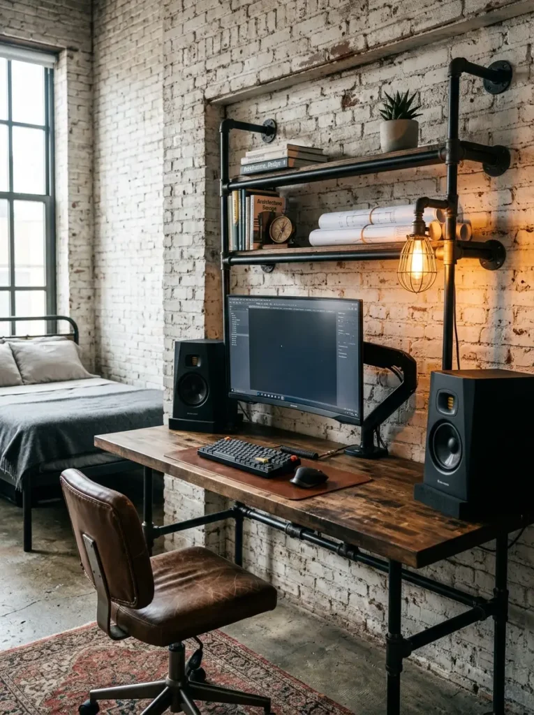 Metal pipe shelving and desk against a red brick wall.