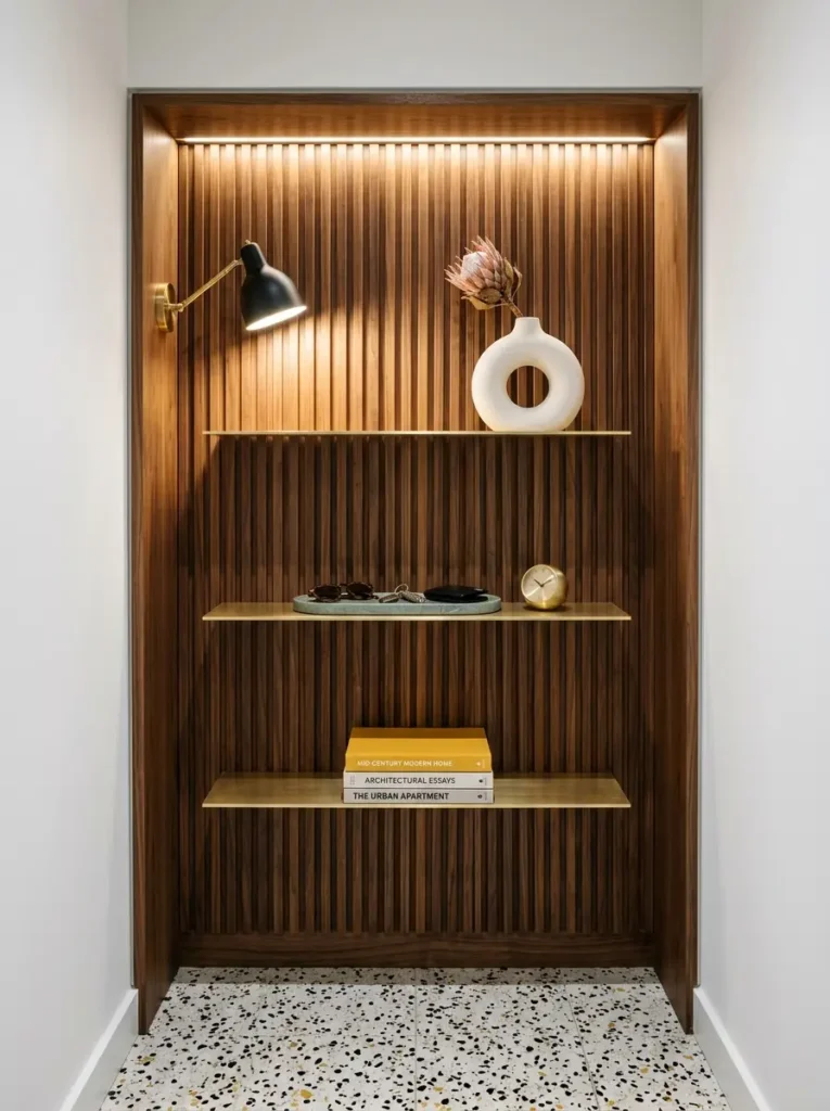 Vertical wood slat wall with three brass shelves holding books and an entryway tray.