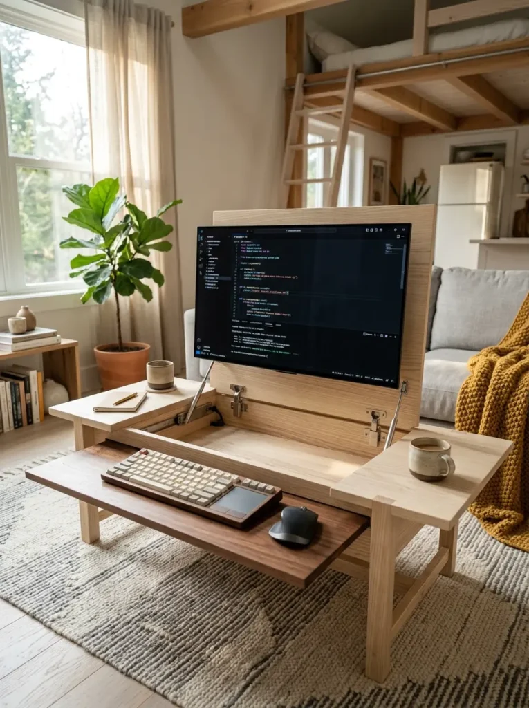 Light Wood Hidden Desk Table Light wood rectangular table unfolded to display a hidden computer screen and keyboard tray.