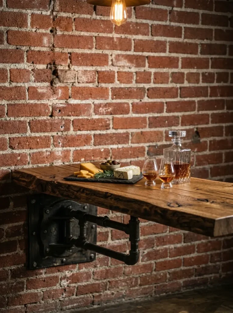 Industrial Pipe Wall Mounted Wooden Bar Thick rustic wood space saving dining table mounted to a red brick wall with black pipes