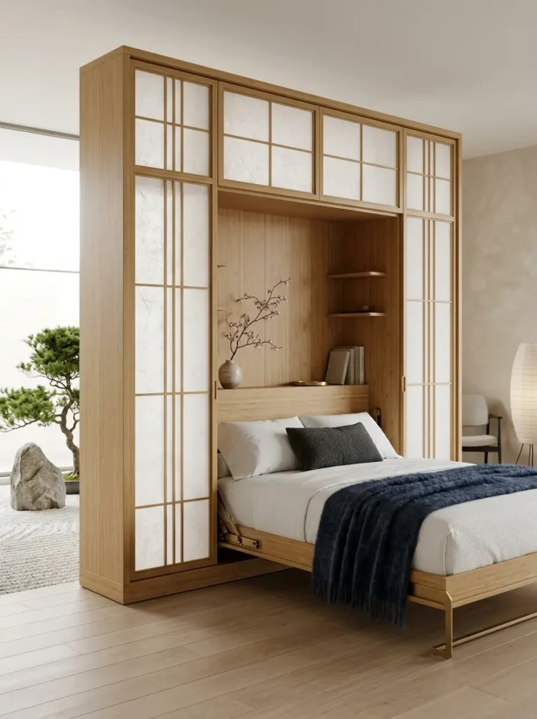Japanese Shoji Screen Style Bed Elegant wooden affordable murphy bed featuring translucent white panels mimicking traditional Japanese shoji screens.