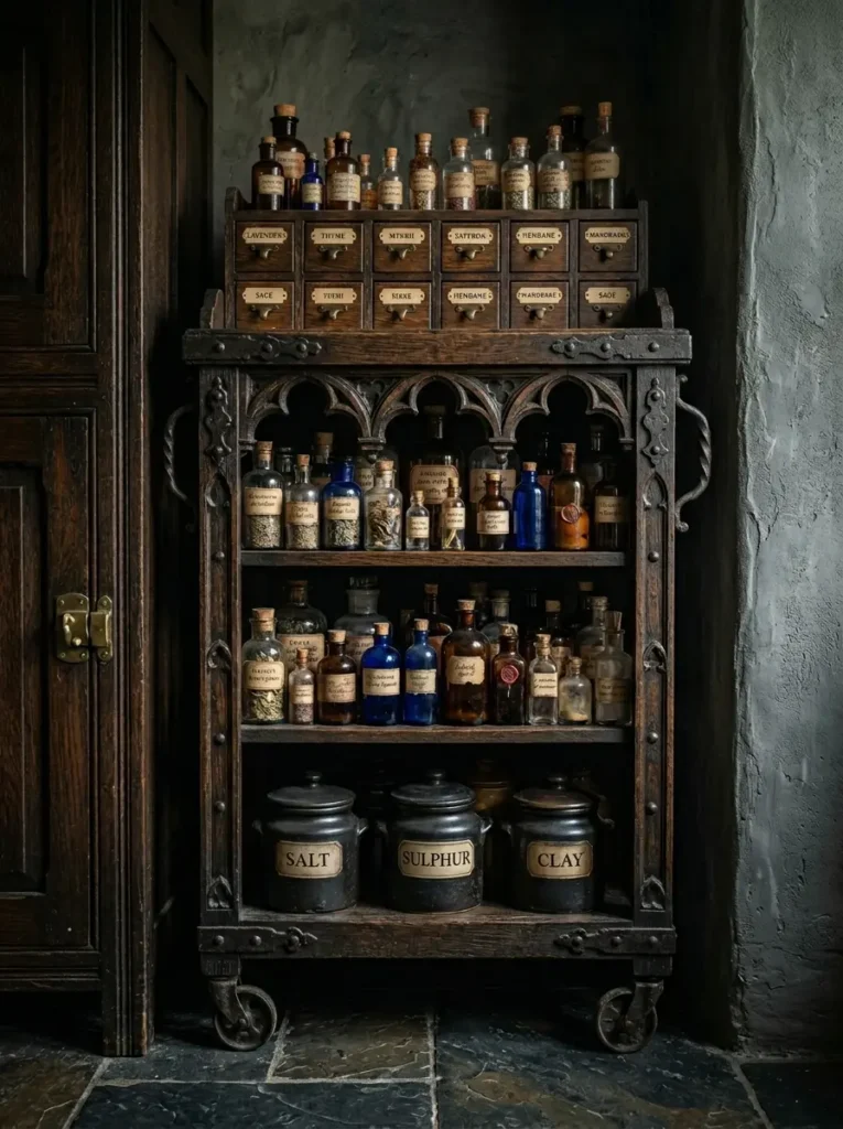 Carved dark wood spice cart with arched shelves and antique glass bottles