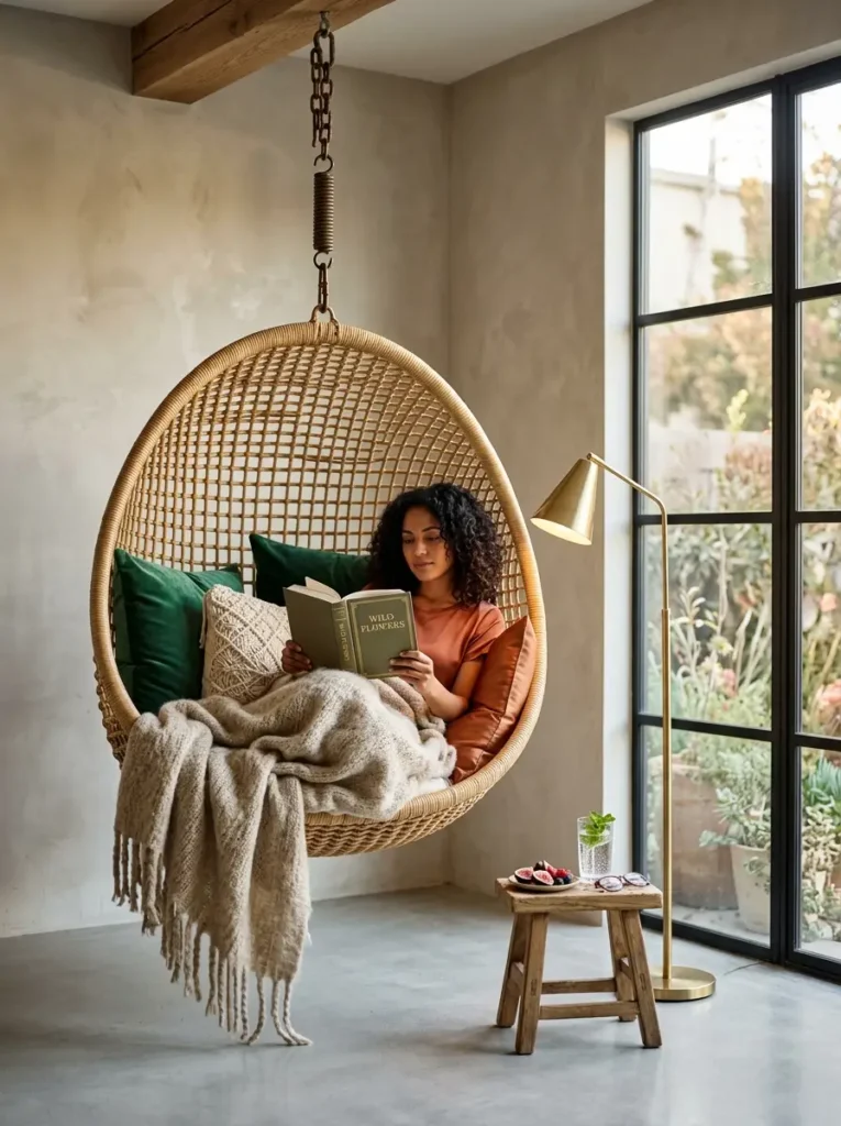 Hanging Rattan Chair Woman sitting in a suspended rattan egg chair reading near a bright window.