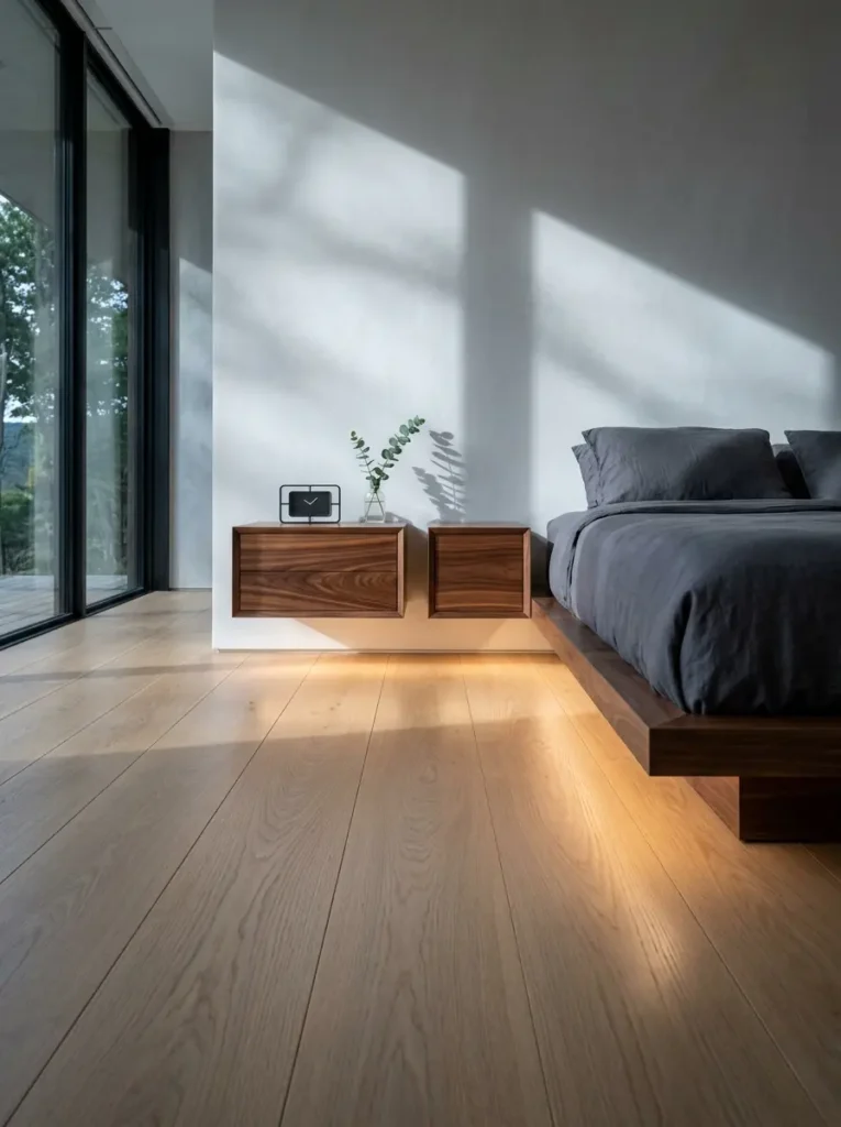 Floating Wooden Nightstands Two floating wooden drawers attached to a white wall next to a low platform bed.