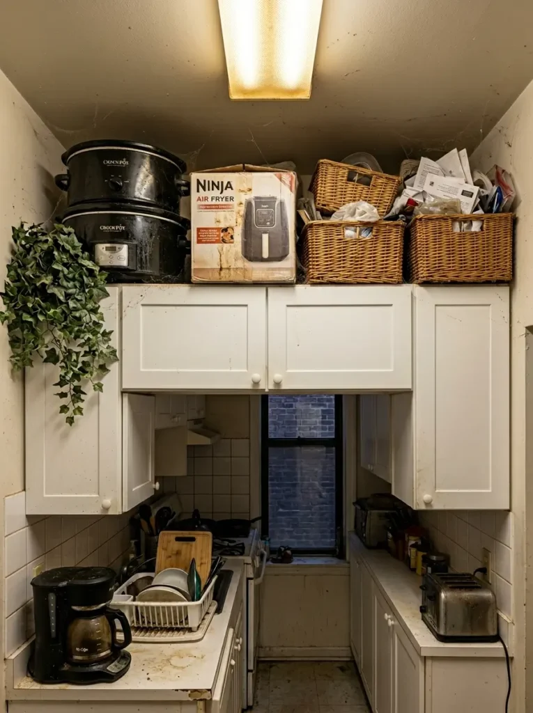 Small kitchen with slow cookers boxes and wicker baskets crammed into the empty space above white upper cabinets
