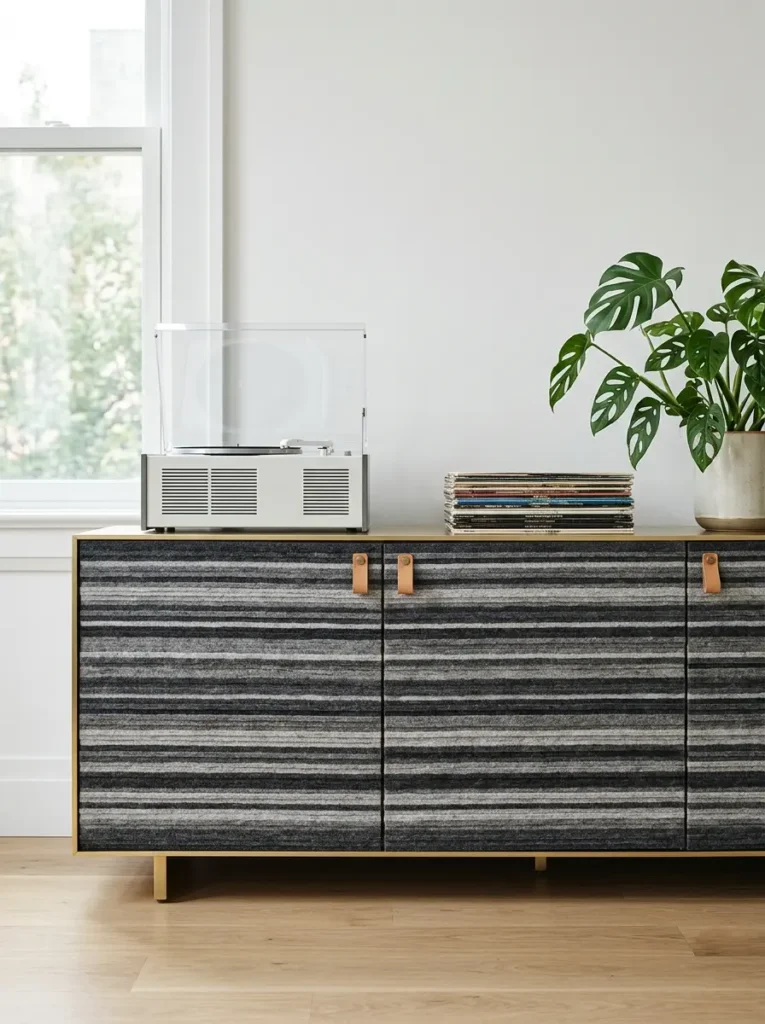 Striped Felt Media Credenza Low storage credenza with doors covered in gray and black striped felt material