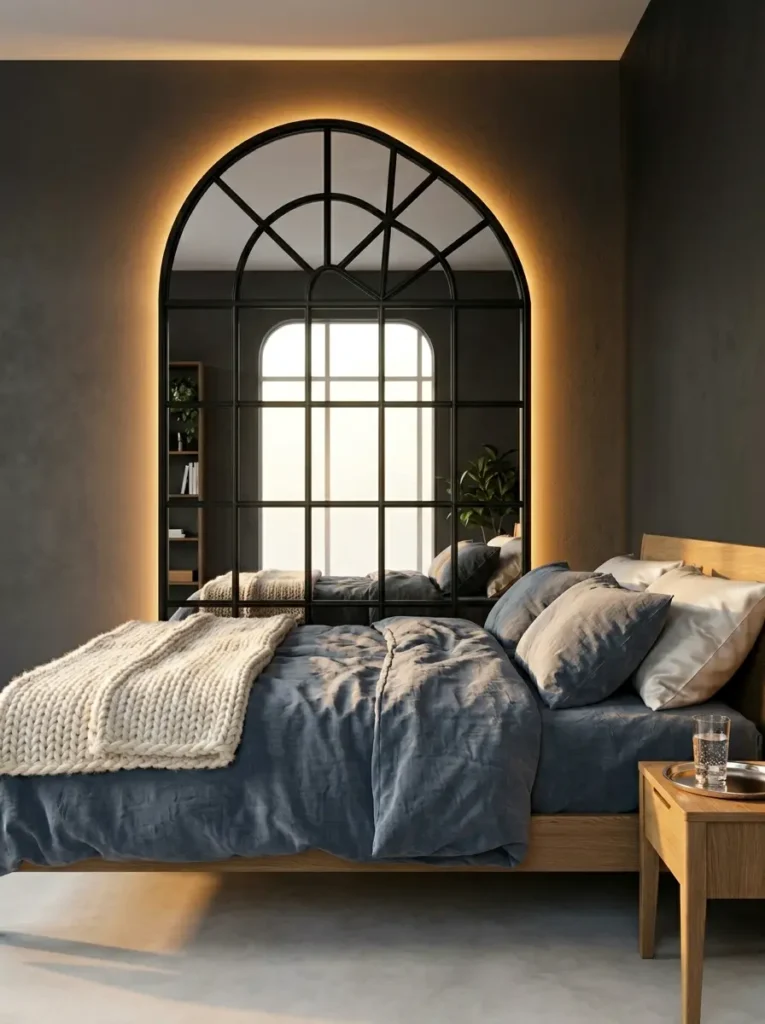 Arched mirror faking a window with backlighting as lighting for dark apartments.