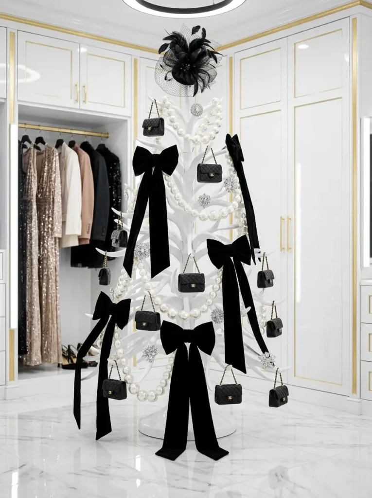 Bare white sculpted tree adorned with black velvet bows miniature quilted handbags and pearl strands