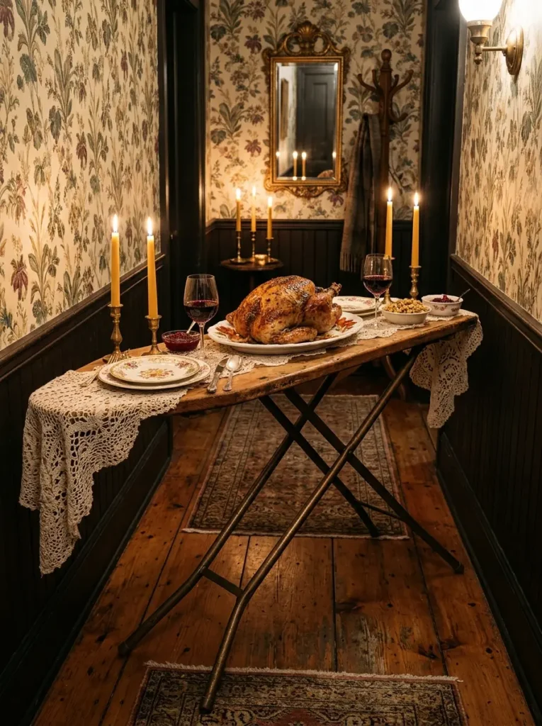 Vintage wooden ironing board decorated with white lace holding a Thanksgiving turkey in a narrow hallway